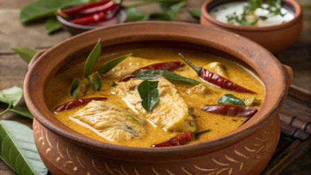 Chicken curry with coconut milk and red chili pepper in clay pot.の素材