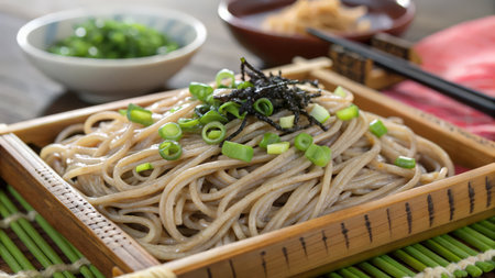 Japanese soba noodles with green onions and seaweed on wooden tableの素材