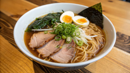 japanese ramen noodle with pork and egg on wooden tableの素材