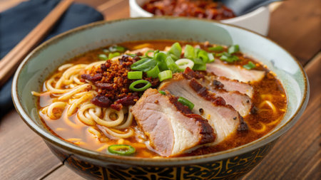 japanese ramen noodle with pork in bowl on wooden tableの素材
