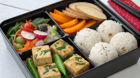 Tofu with rice and vegetables in lunch box, close upの素材