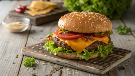 Cheese burger - American cheese burger with fresh salad on wooden backgroundの素材