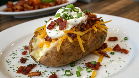 Baked potato with bacon, cheese and sour cream on white plateの素材