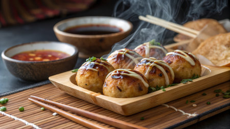Takoyaki - Japanese dumplings stuffed with meat and vegetablesの素材