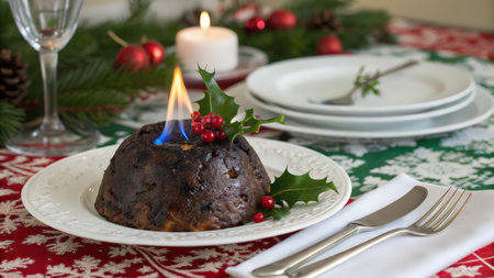 Christmas pudding with holly and candles on the background of Christmas decorationsの素材