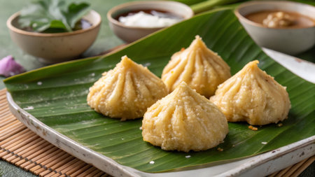 Steamed dumpling with sweet and sour sauce on banana leafの素材