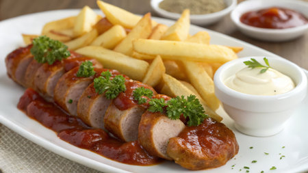 Roast sausages with french fries and ketchup on a plateの素材