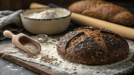 Homemade whole grain bread with sesame seeds and flour on wooden backgroundの素材