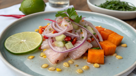 Fresh fish salad with pumpkin, onion, lemon and parsley.の素材