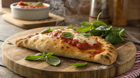 Pizza with mozzarella, tomato and basil on wooden boardの素材