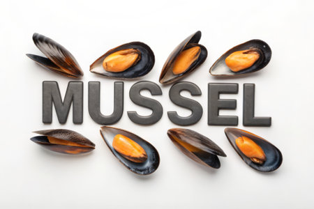 Mussels in shells with the word Mussels on a white backgroundの素材