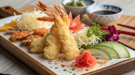Tempura Shrimps with Vegetables and Sauce - Japanese food styleの素材