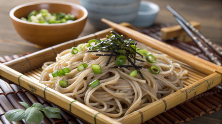 Japanese soba noodle with spring onion, chives and soy sauceの素材