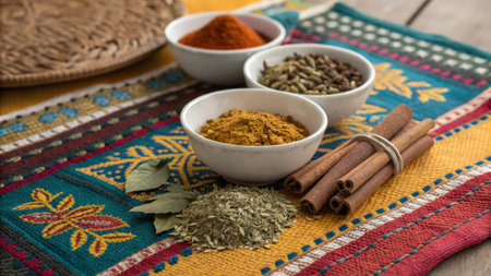 Assorted spices in white bowls and cinnamon sticks on colorful napkinの素材