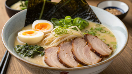 Japanese miso ramen noodle soup with roast duck and eggの素材