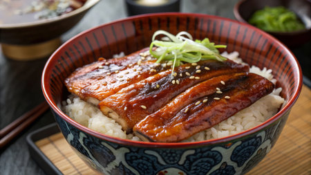 Eel on rice with soy sauce in a bowl on a wooden tableの素材