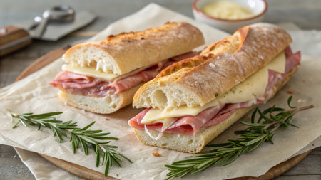 Sandwiches with ham, cheese and rosemary on wooden boardの素材