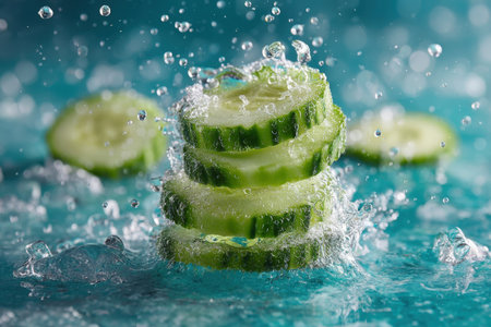 Cucumber slices with water splashes on a blue background.の素材