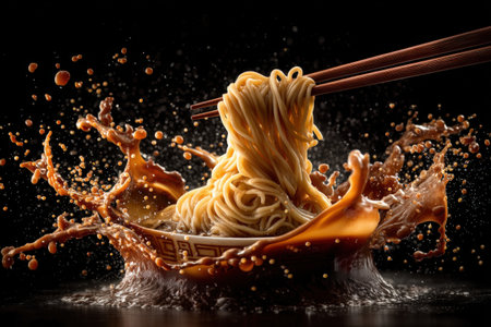 Noodles with chopsticks and splashes on a black backgroundの素材