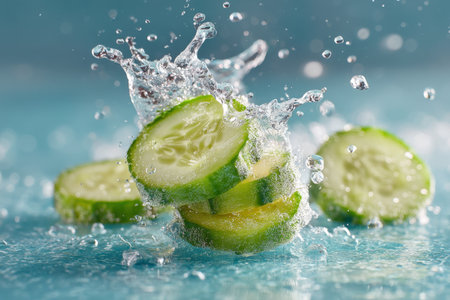 Cucumber slices with water splash on blue background, close upの素材