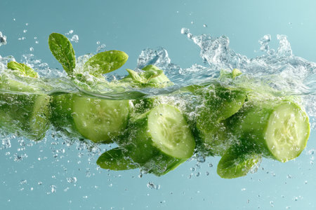 Cucumber slices falling into water with splash, isolated on blue backgroundの素材