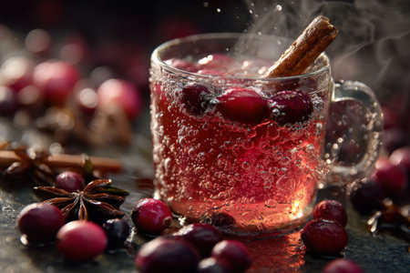 Hot mulled wine with cranberries and spices on rustic backgroundの素材