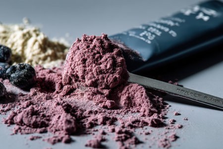 closeup of a powder for make-up with blueberries, blueberries and powderの素材