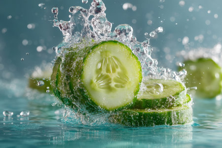 Cucumber slices falling into water with splash and drops on blue backgroundの素材