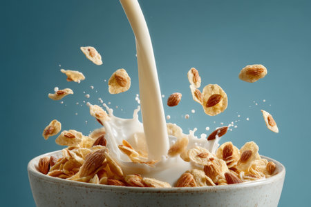Milk pouring into bowl with cornflakes, isolated on blueの素材