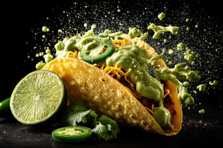 Tacos with guacamole and cheese on black backgroundの素材