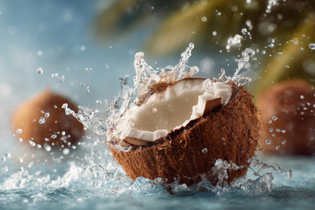 Coconut with water splash on blue background. Healthy food concept.の素材