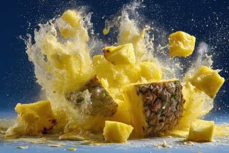 Pieces of pineapple falling into water with splashes on blue backgroundの素材