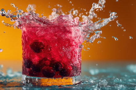 Fruit cocktail with ice cubes and splashes on a colorful backgroundの素材