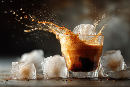 Coffee splashing into glass with ice cubes on dark backgroundの素材