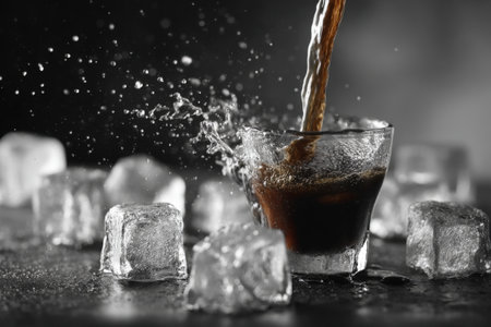 Pouring cola into glass with ice cubes on dark background, closeupの素材