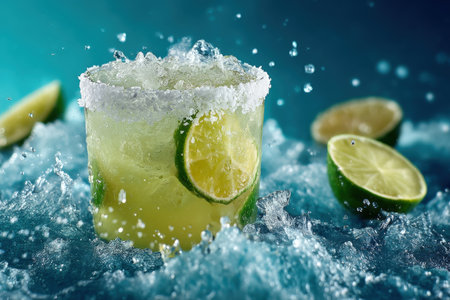 Cocktail with lime, ice and water splash on blue backgroundの素材