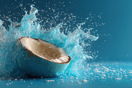 Coconut splashing into water on blue background, closeupの素材