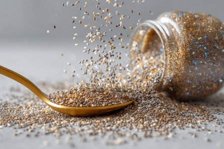 Spoonful of golden chia seeds on grey background, closeupの素材