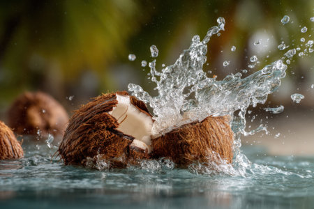 Coconut with splashes of water on a green background.の素材