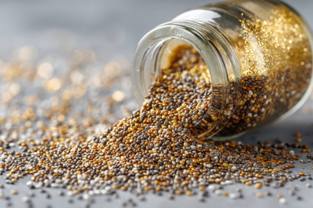 Glass jar with chia seeds on grey table, closeup viewの素材