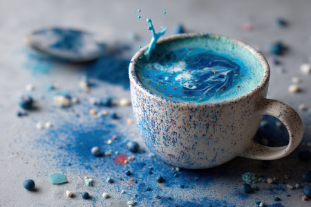 Blue cup of coffee with splashes on gray table, closeupの素材