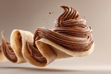 chocolate crepes with chocolate cream on a white background, closeupの素材