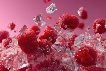 Frozen raspberries and ice cubes on pink background, closeupの素材