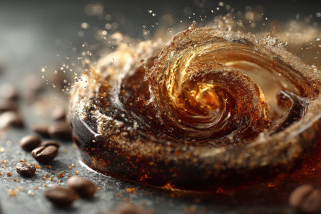 Delicious coffee with splash on grey table, closeup. Space for textの素材