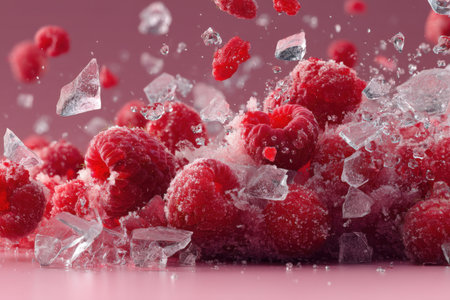 Falling frozen raspberries with ice cubes on pink background.の素材