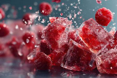 Ice cubes with raspberries and falling drops of water on blue backgroundの素材