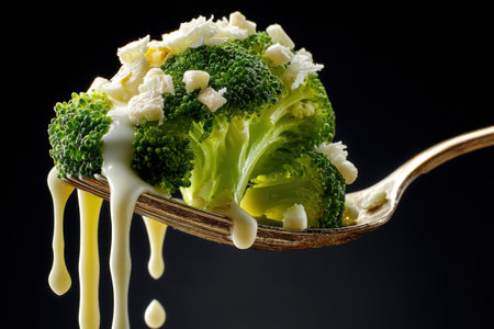 Broccoli with cheese and honey on a wooden spoon on a black backgroundの素材