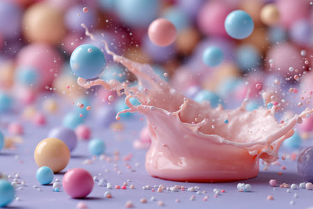 Milk splash with colorful candies on purple background, closeupの素材