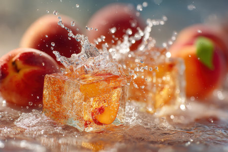 Frozen apricots and ice cubes with water splash, closeupの素材