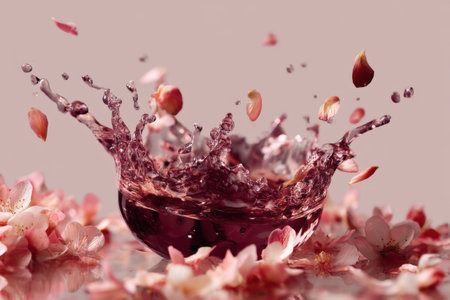 Splash of cherry juice in a glass with flowers on a light backgroundの素材